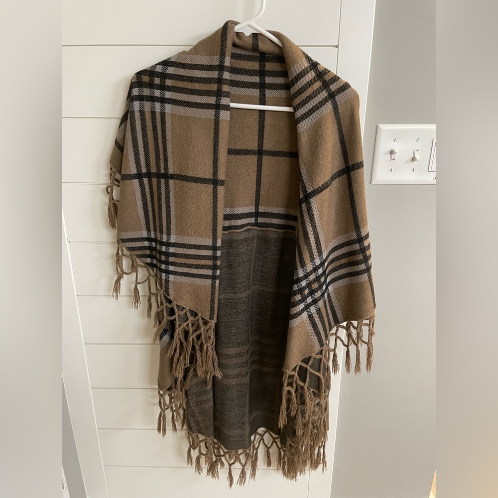Cowl neck cardigan style poncho. Plaid brown, black and white.